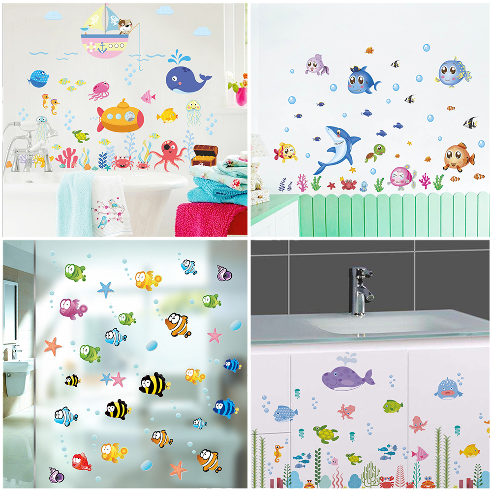 Home Bathroom Tiles - Cute Fishes Whale Shark Sealife Bubble